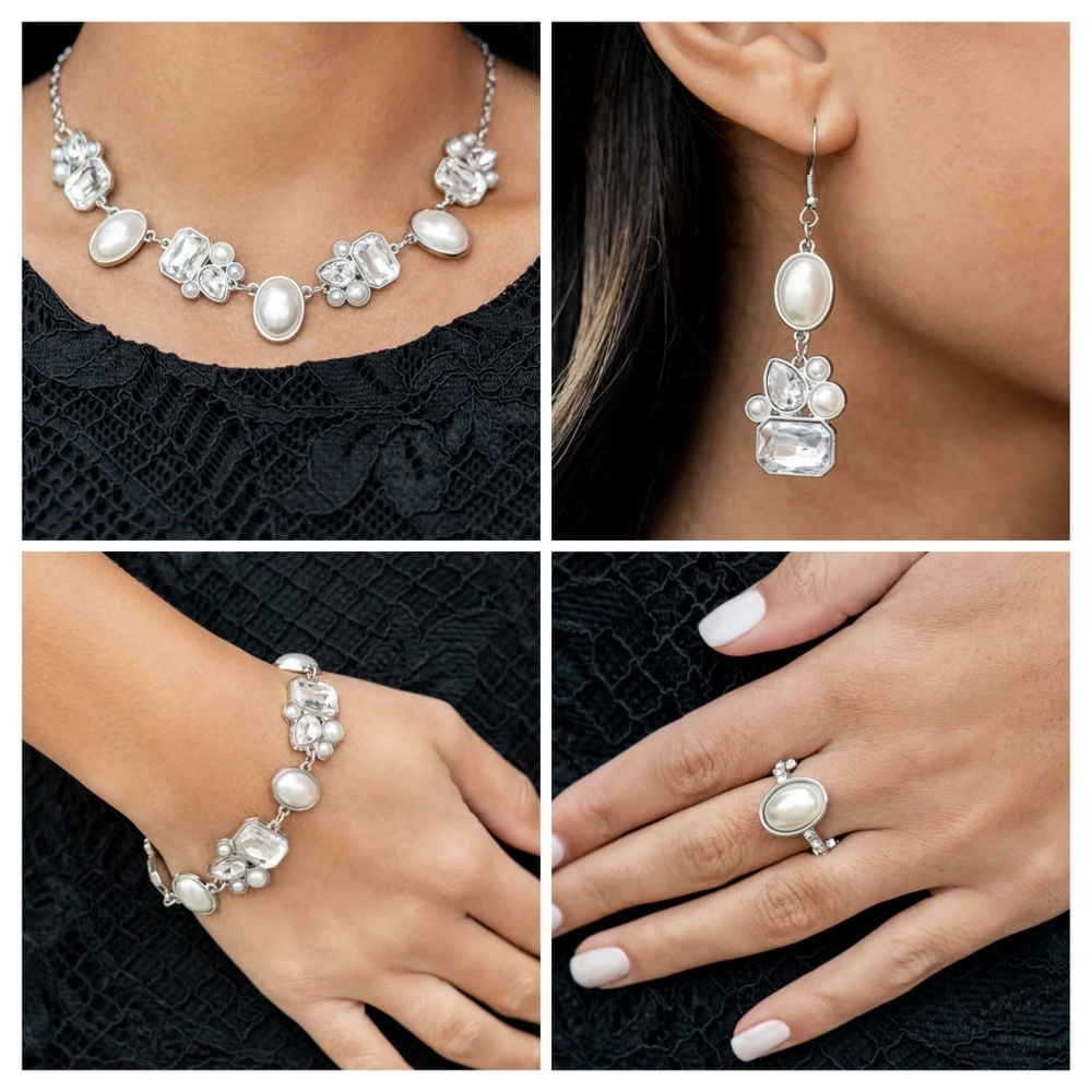 Paparazzi Jewelry Set White Pearl And Rhinestone Necklace Earrings Bracelet Ring